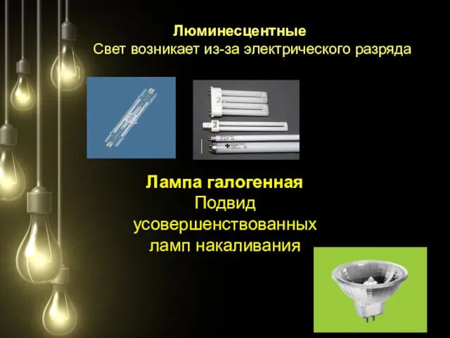 Люминесцентные Свет возникает из-за электрического разряда Лампа галогенная Подвид усовершенствованных ламп накаливания