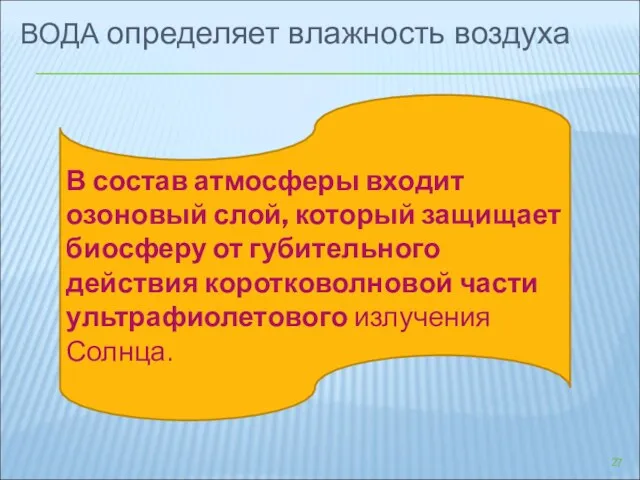 ВОДА определяет влажность воздуха В состав атмосферы входит озоновый слой,