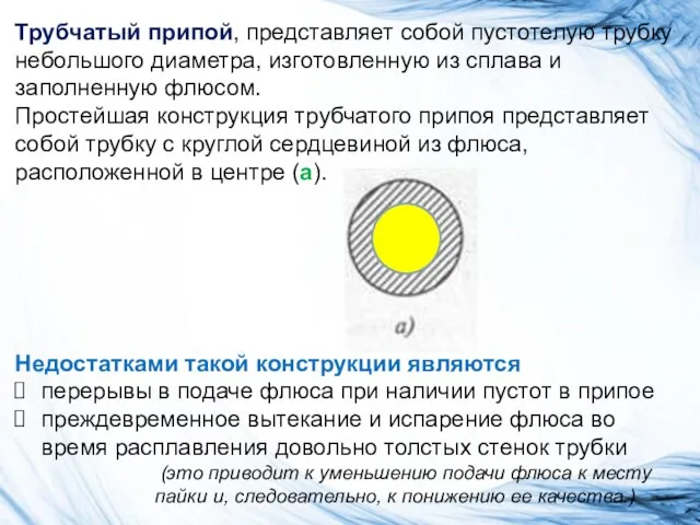 Трубчатый припой, представляет собой пустотелую трубку небольшого диаметра, изготовленную из