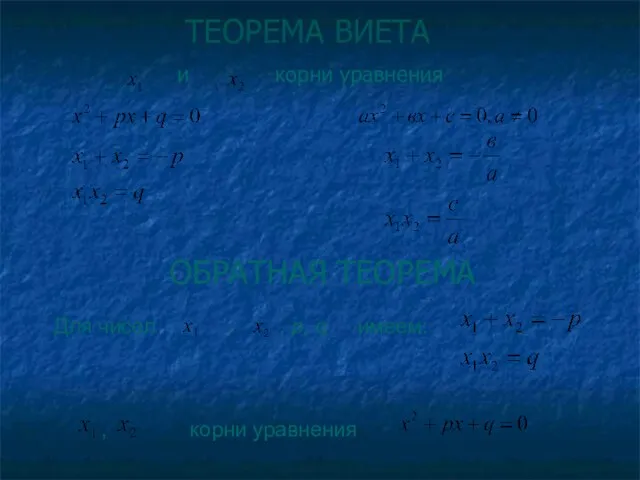 ТЕОРЕМА ВИЕТА и корни уравнения ОБРАТНАЯ ТЕОРЕМА Для чисел , , p, q