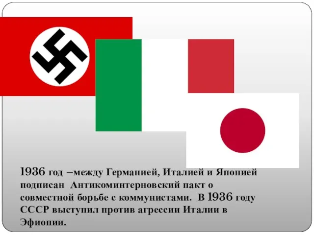 1936 год –между Германией, Италией и Японией подписан Антикоминтерновский пакт о совместной борьбе