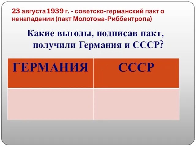 23 августа 1939 г. - советско-германский пакт о ненападении (пакт Молотова-Риббентропа) Какие выгоды,