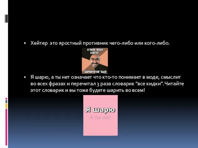 Хейтер это яростный противник чего-либо или кого-либо. Я шарю, а