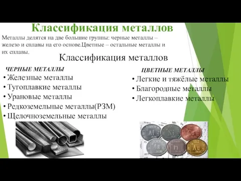 Классификация металлов Металлы делятся на две большие группы: черные металлы