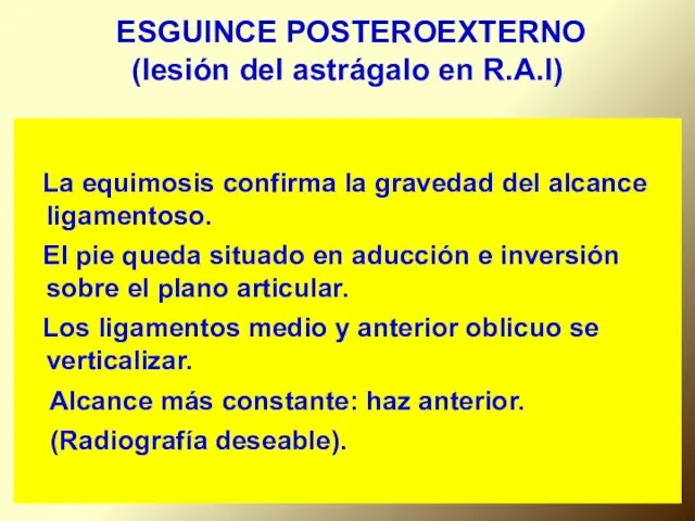 ESGUINCE POSTEROEXTERNO (lesión del astrágalo en R.A.I) La equimosis confirma la gravedad del