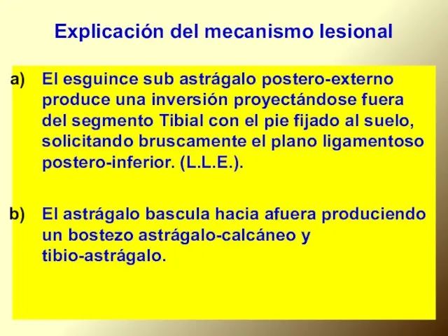 Explicación del mecanismo lesional El esguince sub astrágalo postero-externo produce una inversión proyectándose