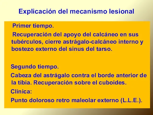 Explicación del mecanismo lesional Primer tiempo. Recuperación del apoyo del calcáneo en sus