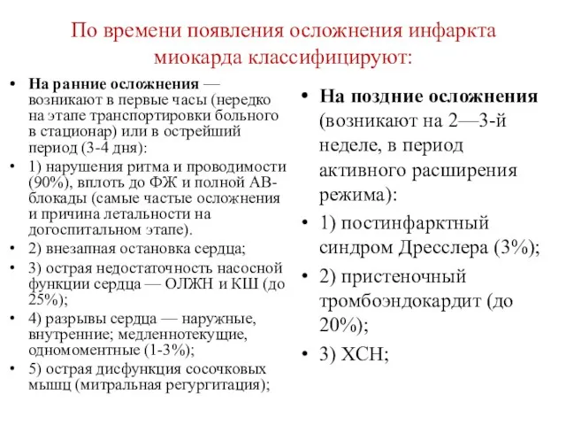 По времени появления осложнения инфаркта миокарда классифицируют: На ранние осложнения