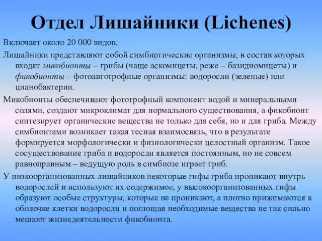 Отдел Лишайники (Lichenes) Включает около 20 000 видов. Лишайники представляют