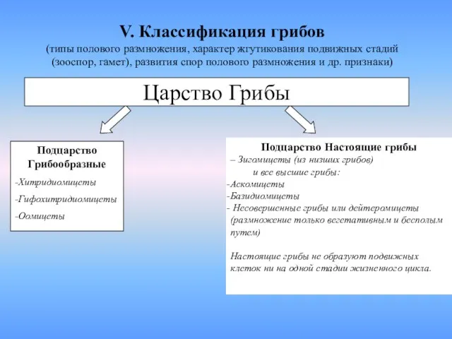 V. Классификация грибов (типы полового размножения, характер жгутикования подвижных стадий