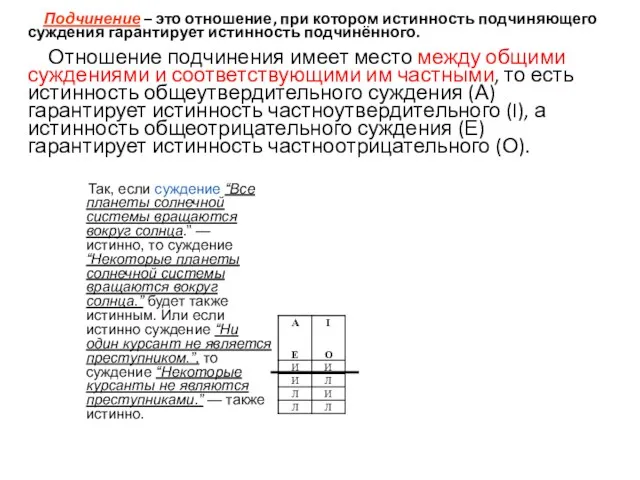 Подчинение – это отношение, при котором истинность подчиняющего суждения гарантирует