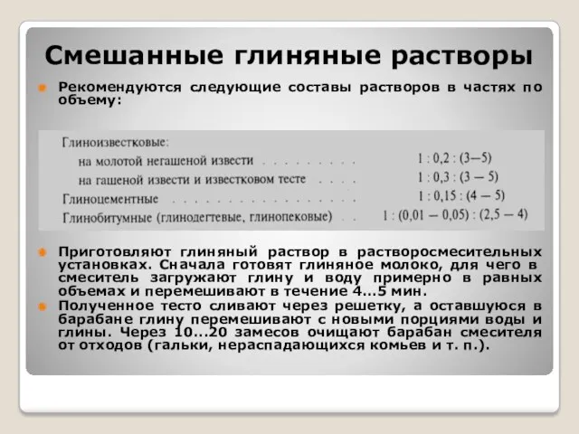 Смешанные глиняные растворы Рекомендуются следующие составы растворов в частях по