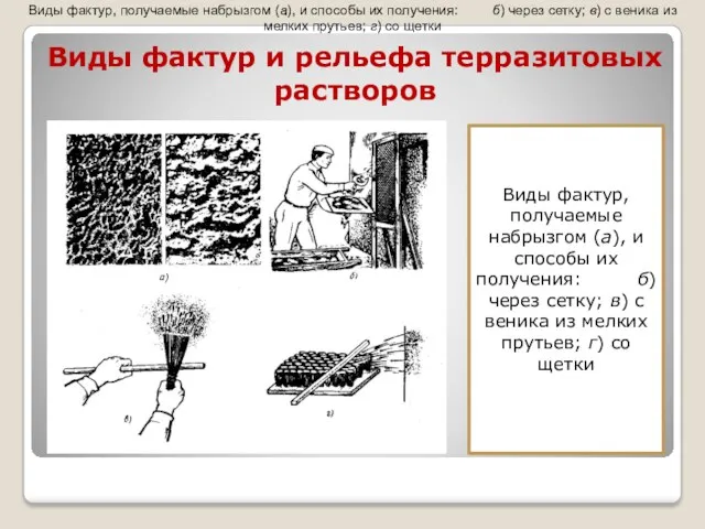 Виды фактур и рельефа терразитовых растворов Виды фактур, получаемые набрызгом