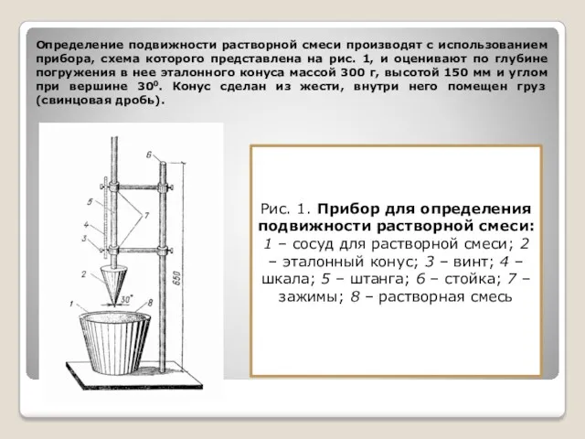 Определение подвижности растворной смеси производят с использованием прибора, схема которого