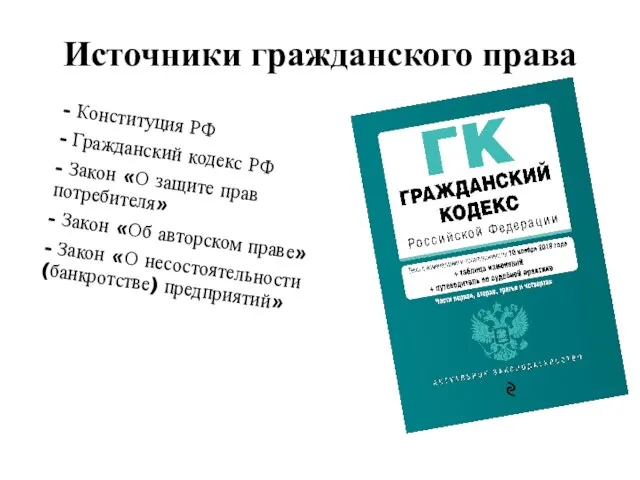 Источники гражданского права - Конституция РФ - Гражданский кодекс РФ