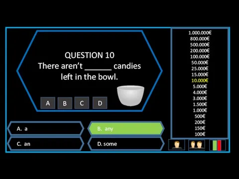 QUESTION 10 There aren’t ______ candies left in the bowl. A. a B.