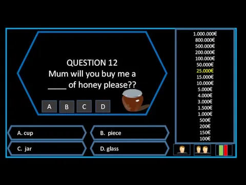 QUESTION 12 Mum will you buy me a ____ of honey please?? A.