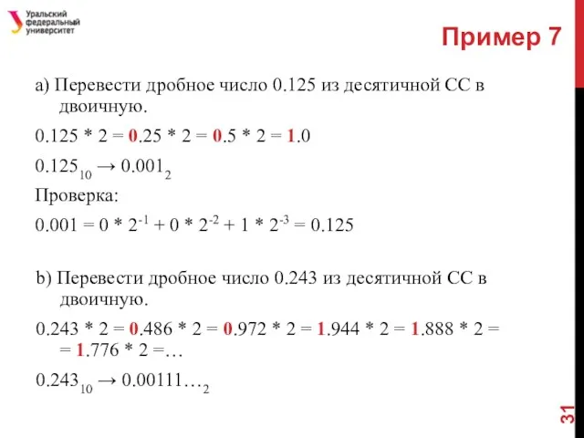 Пример 7 a) Перевести дробное число 0.125 из десятичной СС