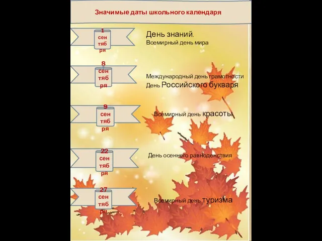 Значимые даты школьного календаря 1 сентября 8 сентября 9 сентября 22 сентября 27