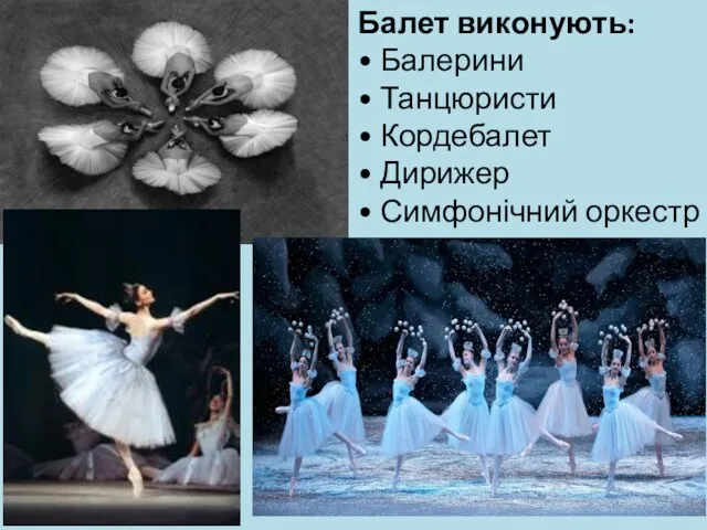 Балет виконують: • Балерини • Танцюристи • Кордебалет • Дирижер • Симфонічний оркестр