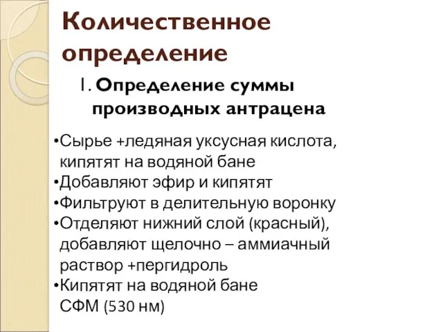 Количественное определение 1. Определение суммы производных антрацена Сырье +ледяная уксусная