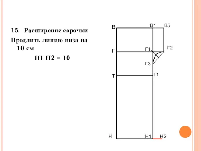 15. Расширение сорочки Продлить линию низа на 10 см Н1