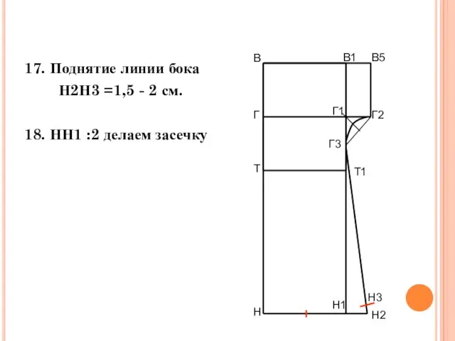 17. Поднятие линии бока Н2Н3 =1,5 - 2 см. 18. НН1 :2 делаем