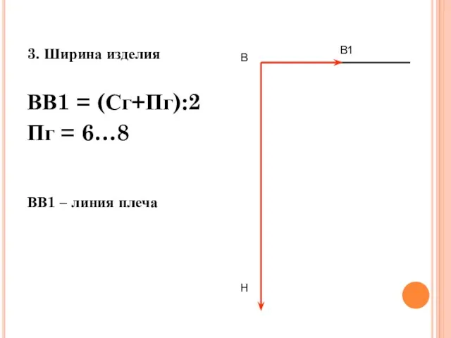 3. Ширина изделия ВВ1 = (Сг+Пг):2 Пг = 6…8 ВВ1 – линия плеча В Н В1