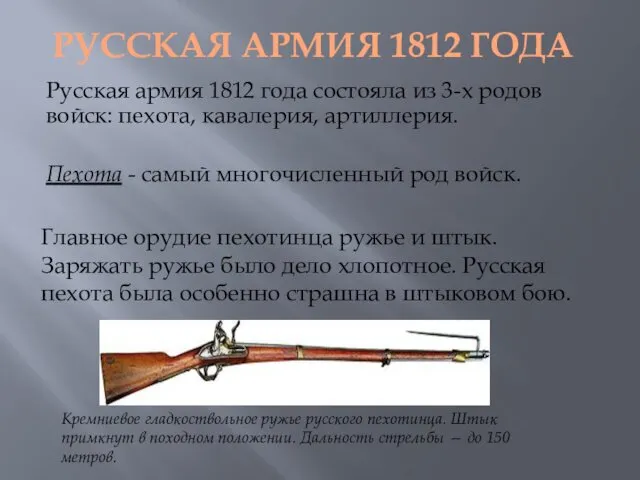 РУССКАЯ АРМИЯ 1812 ГОДА Русская армия 1812 года состояла из