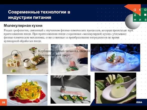 Молекулярная кухня Раздел трофологии, связанный с изучением физико-химических процессов, которые