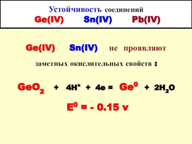 Устойчивость соединений Ge(IV) Sn(IV) Pb(IV) Ge(IV) Sn(IV) не проявляют заметных