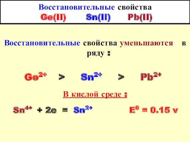 Восстановительные свойства Ge(II) Sn(II) Pb(II) Восстановительные свойства уменьшаются в ряду : Ge2+ >