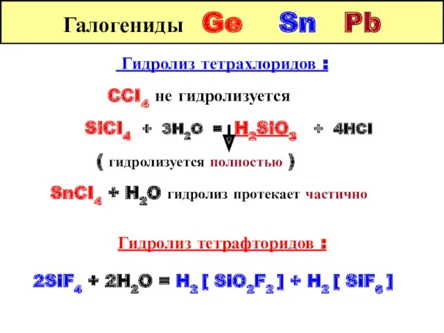 Галогениды Ge Sn Pb Гидролиз тетрахлоридов : CCI4 не гидролизуется SiCI4 + 3H2O
