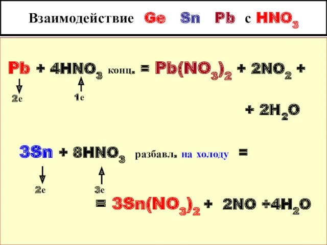Взаимодействие Ge Sn Pb с HNO3 Pb + 4HNO3 конц. = Pb(NO3)2 +