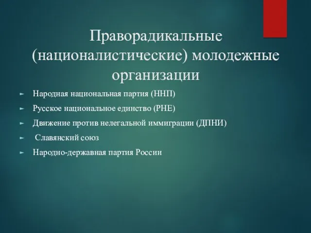 Праворадикальные (националистические) молодежные организации Народная национальная партия (ННП) Русское национальное