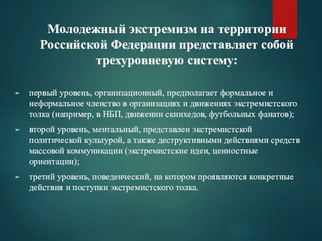 Молодежный экстремизм на территории Российской Федерации представляет собой трехуровневую систему: