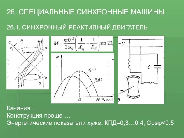 26. СПЕЦИАЛЬНЫЕ СИНХРОННЫЕ МАШИНЫ 26.1. СИНХРОННЫЙ РЕАКТИВНЫЙ ДВИГАТЕЛЬ Качания …