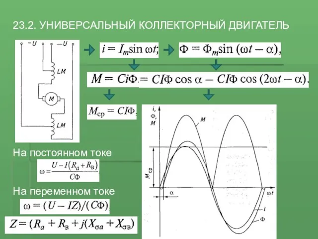 23.2. УНИВЕРСАЛЬНЫЙ КОЛЛЕКТОРНЫЙ ДВИГАТЕЛЬ На постоянном токе На переменном токе