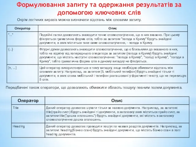 Окрім логічних виразів можна визначати відстань між словами запиту. Передбачені