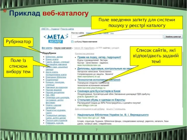 Приклад веб-каталогу Поле введення запиту для системи пошуку у реєстрі