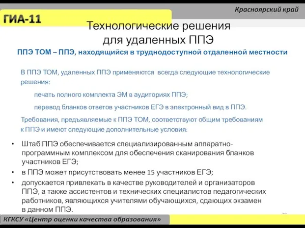 В ППЭ ТОМ, удаленных ППЭ применяются всегда следующие технологические решения: