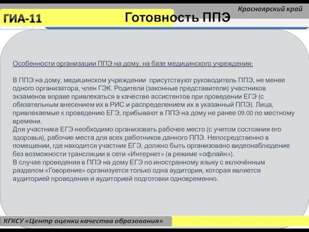 Особенности организации ППЭ на дому, на базе медицинского учреждения: В