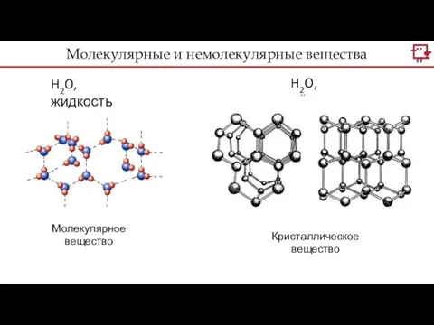H2O, жидкость H2O, лёд Кристаллическое вещество Молекулярное вещество Молекулярные и немолекулярные вещества
