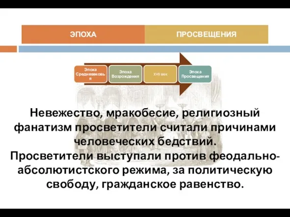 ЭПОХА ПРОСВЕЩЕНИЯ Невежество, мракобесие, религиозный фанатизм просветители считали причинами человеческих