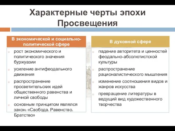 Характерные черты эпохи Просвещения рост экономического и политического значения буржуазии