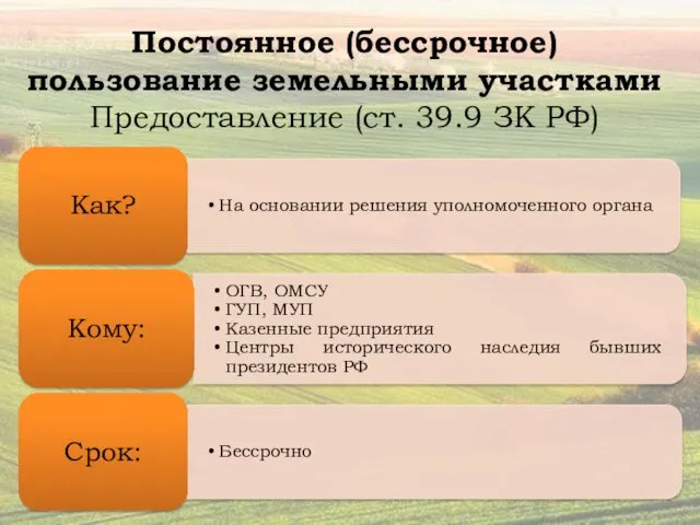 Постоянное (бессрочное) пользование земельными участками Предоставление (ст. 39.9 ЗК РФ)