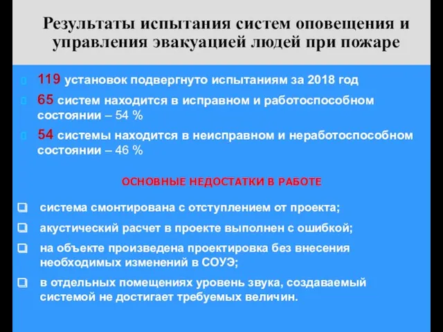 Результаты испытания систем оповещения и управления эвакуацией людей при пожаре