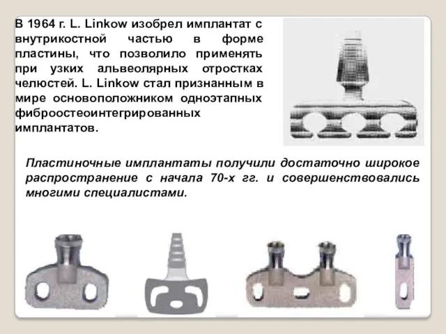 В 1964 г. L. Linkow изобрел имплантат с внутрикостной частью