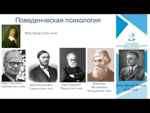 Поведенческая психология Рене Декарт (1596-1650) Беррес Фредерик Скиннер (1904-1990) Иван Михайлович Сеченов (1829-1905)