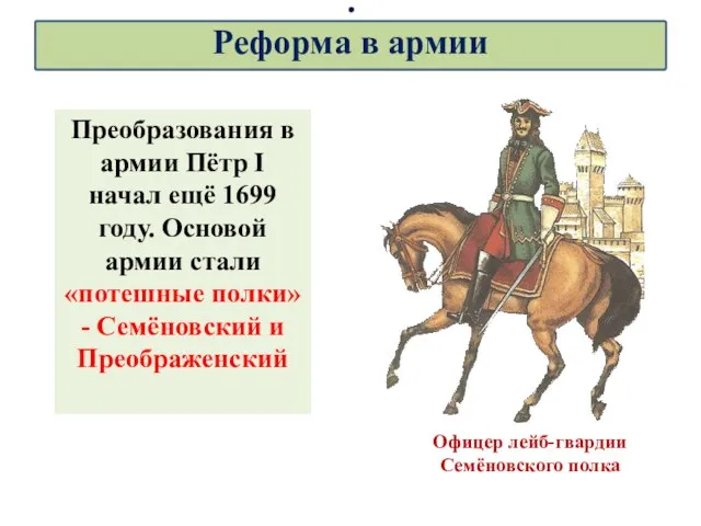 Офицер лейб-гвардии Семёновского полка Преобразования в армии Пётр I начал ещё 1699 году.